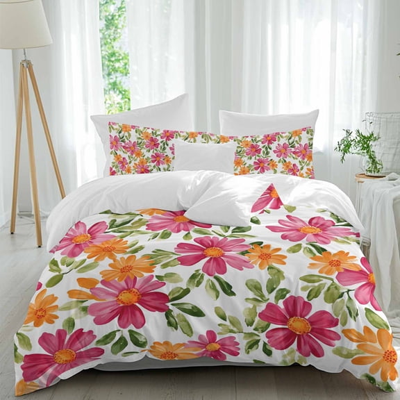 3 Piece Pink Orange Floral Duvet Cover Set California King,Microfiber Comforter/Quilt Cover with Corner Ties and 2 Pillowcases,Spring Blossom Botanical Flowers All Season Bedding with Zipper Closure