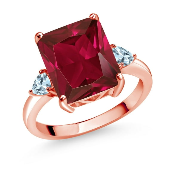 Gem Stone King 6.04 Ct Red Created Ruby Sky Blue Aquamarine 18K Rose Gold Plated Silver 3-Stone Women Engagement Ring (Size 6)