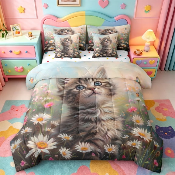 jejeloiu Colorful Cute Flower 7-Piece Twin Bedding Sets Kids,Kawaii Pet Animal Cat Bedding Comforter Set,Reversible