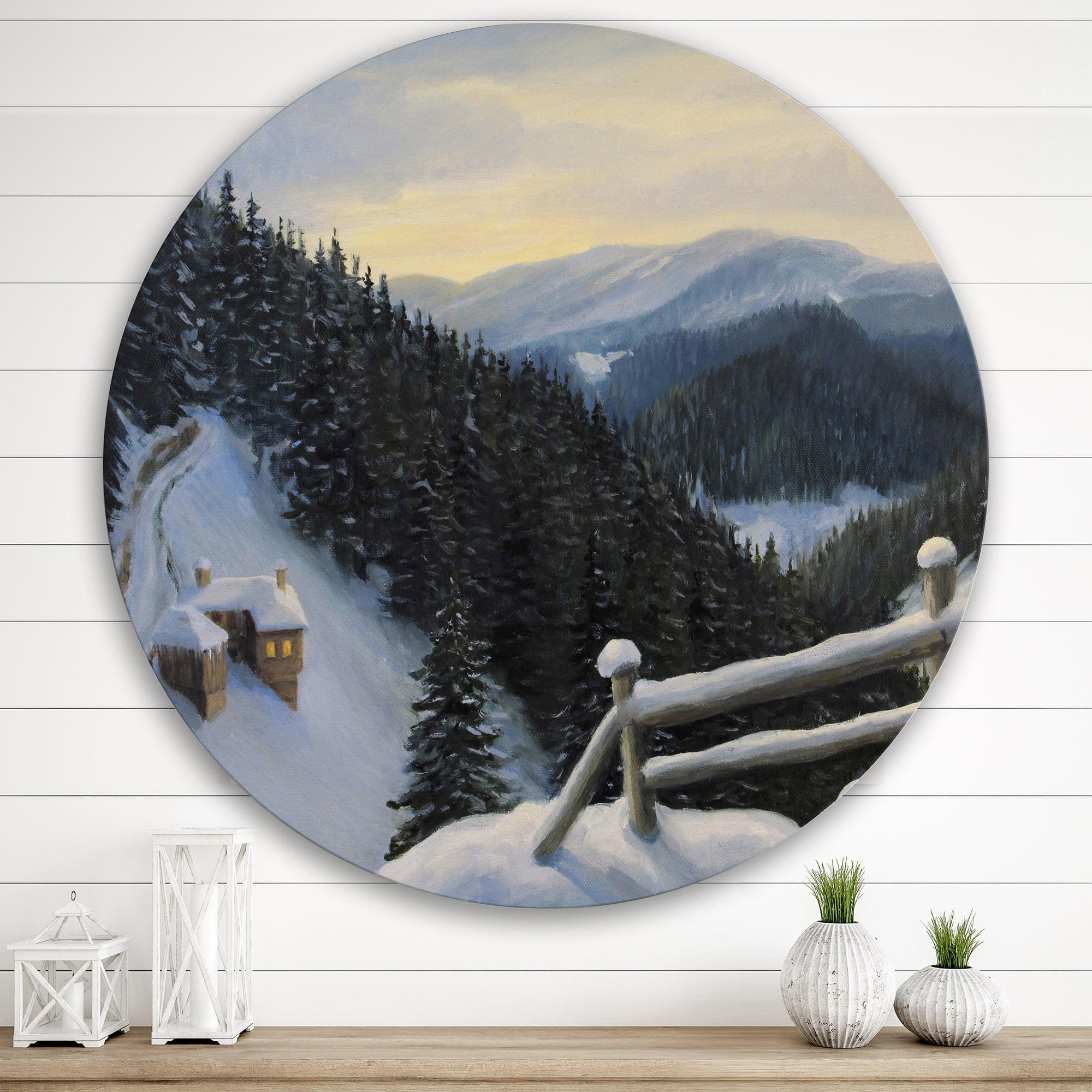 Designart 'View On Snowy Mountain Tops At Evening Glow' Traditional Circle Metal Wall Art 36x36 - Disc of 36