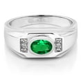 thumbnail image 2 of Gem Stone King Men's 925 Sterling Silver Green Nano Emerald and White Diamond Ring (1.28 Cttw, Gemstone May Birthstone, Oval 8X6MM,, Size 11), 2 of 3