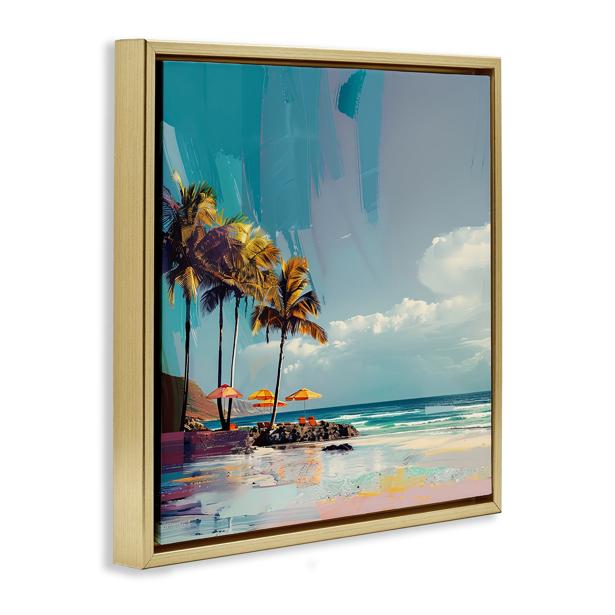 Stupell Industries Contemporary Shoreline in Summer Nautical & Beach Painting Gold Floater Framed Canvas Art Print Wall Art, 18 x 18