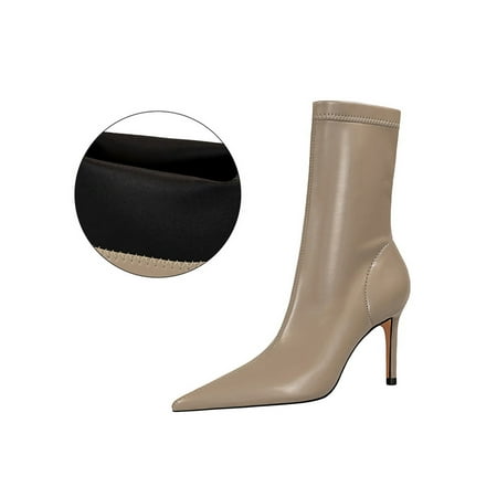 

SIMANLAN Women Casual Mid Calf Boots Breathable Stiletto Heel High Heels Work Anti-Slip Winter Warm Khaki 8.5