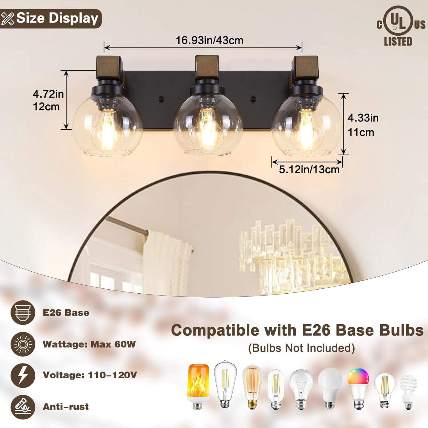 3-Light Wooden Bathroom Vanity Light with Clear Globe Glass Shade over Mirror for Bathroom Bedroom Living Room Cabinet
