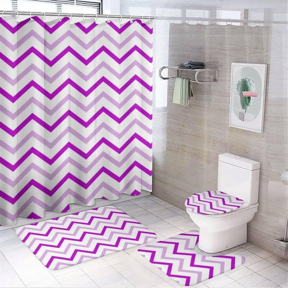 4Pcs Hot Pink Chevron Pattern Shower Curtain Sets, Bathroom Set Decor with Non-Slip Bath Mat, Toilet Lid Rug and Contour Mat, 72 x 72inch