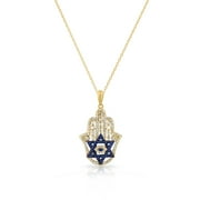 925 Sterling Silver Yellow Gold-Tone Baguette White Blue CZ Star of David Hamsa Pendant Necklace