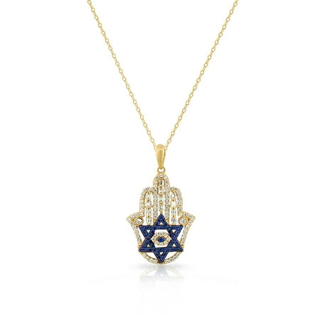 925 Sterling Silver Yellow Gold-Tone Baguette White Blue CZ Star of David Hamsa Pendant Necklace