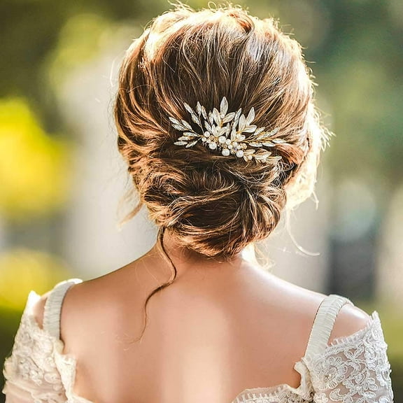 Bride Leaf Wedding Hair Comb Rhinestone Bridal Hair Piece Pearl Hair Accessories for Women and Girls (Gold)