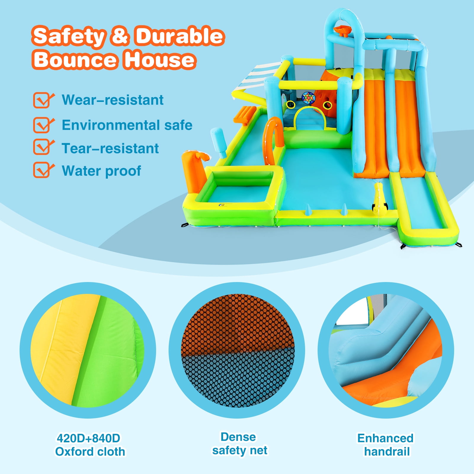 10in1 Heavy Duty Double Water Slide Inflatable Bounce House Giant Water Park w/650W Blower,Splash Pool,Sunshade,Climbing Wall,Jumping,Basketball Hoop,Ring Toss Game,Water Gun Outdoor Backyard