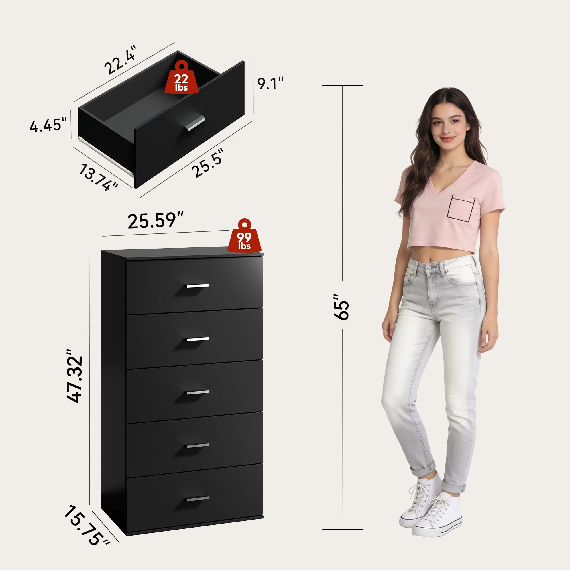 GALAXHERO 5 Drawers Dresser, Chest of Drawers for Bedroom, Tall Wood Storage Cabinet with Metal Handle for Living Room, Closet, Hallway, Black
