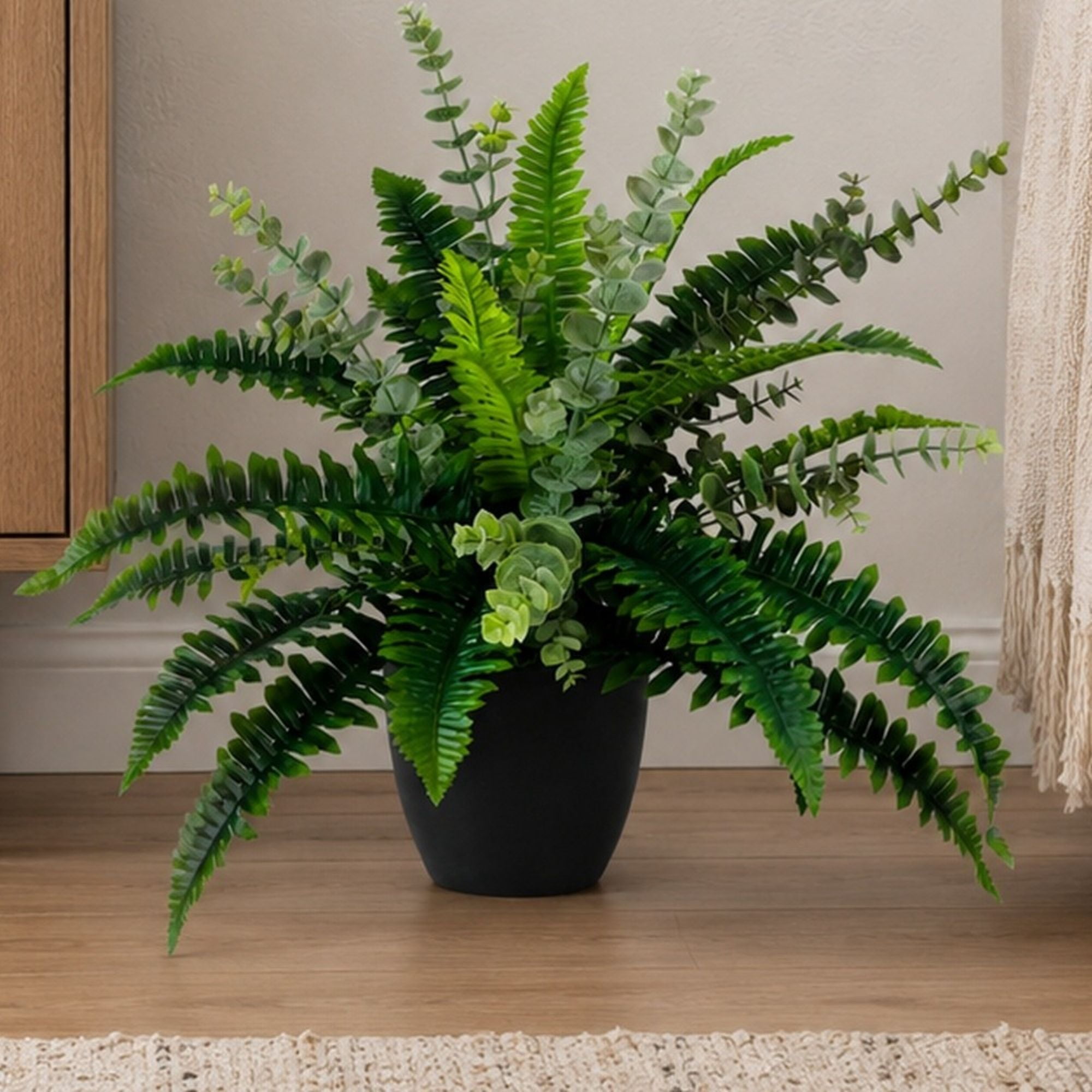Artificial Plants, 26in Fake Potted Fern and Eucalyptus Mix in Black Drop In Pot by LCG Florals, Indoor Faux Greenery Small Plant for Home Office Bathroon Living Room Tabletop Decor