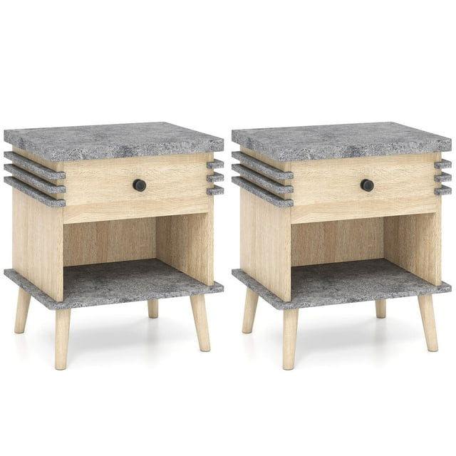 Costway 2 PCS 3-Tier Bedside Table with Antique Grey Faux Marble Top & Open Shelf