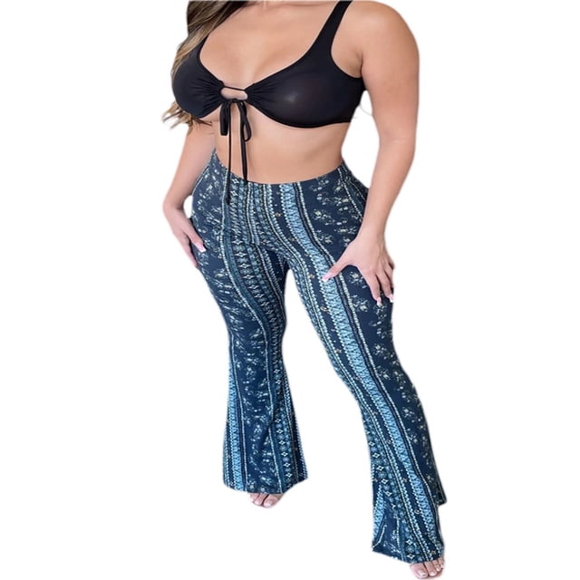 Pantalons Évasés Taille Haute pour Femmes Pantalons Slim Grande Taille Imprimé Floral Rétro Jaune S