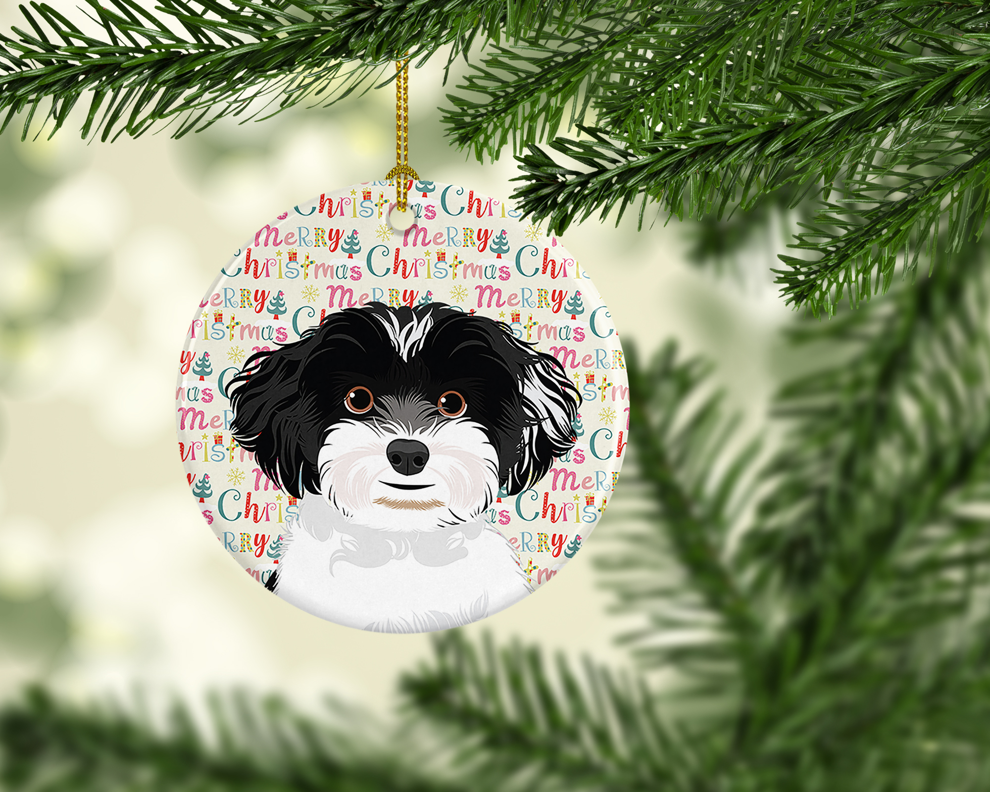 Shih-Tzu Black and White #4 Christmas Ceramic Ornament 2.8 in x 2.8 in