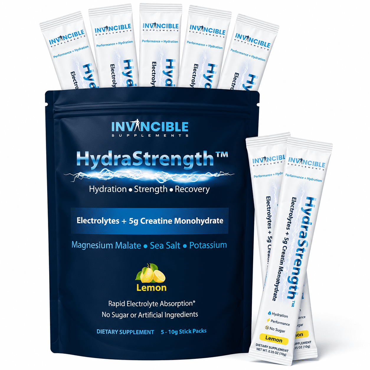 Invincible Supplements HydraStrength Creatine + Electrolyte Powder Sticks, Lemon, 5g Creatine Monohydrate, 10 Sticks (2 Packs of 5)