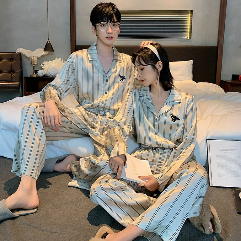 QWZNDZGR Fashion Silk Satin Couples Pajama Sets Men Women Long sleeve  Cardigan Sleepwear Nightwear Plus Size Home Clothes Suits Pijama 