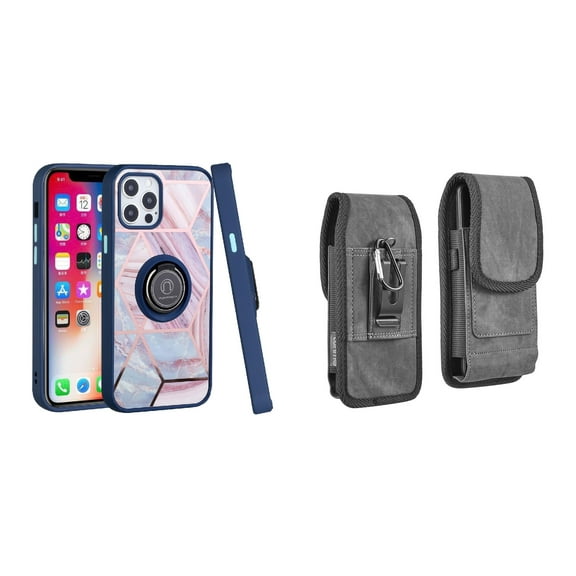 Bemz Ring Series Case for iPhone 14 (TPU Silicone Cover with Magnetic Stand) and Vertical Rugged Denim Nylon Belt Holster Pouch - Blue on Pink Marble