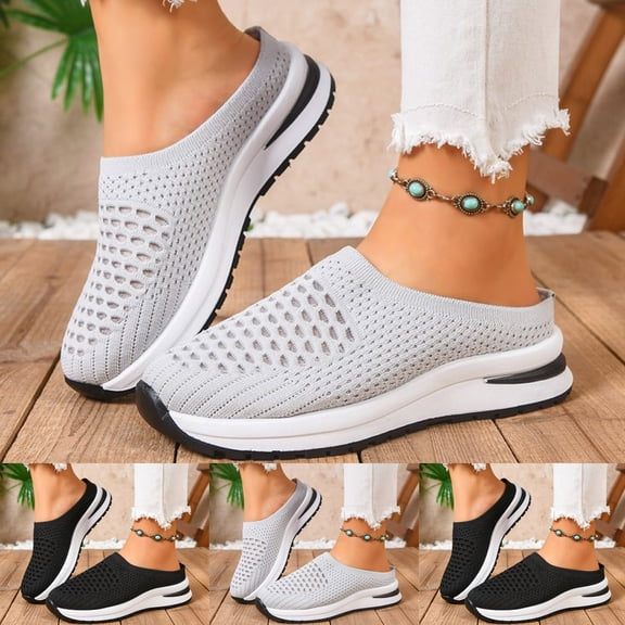 Pandaie Orthopedic Mule Clogs for Women Comfy Backless Walking Sneakers Knitted Platform Shoes Slip on Arch Support Breathable Slippers Size 6‑9.5