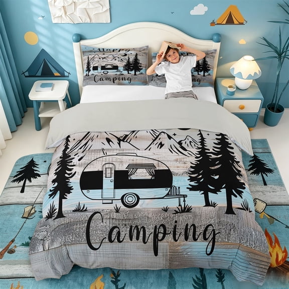 Catabedysis Vintage Camping Bedding,Mountain Camper Print Duvet Cover Full For Boys,Multicolor,Light Gray Reversible,3pcs,1 Duvet Cover and 2 Pillowcases