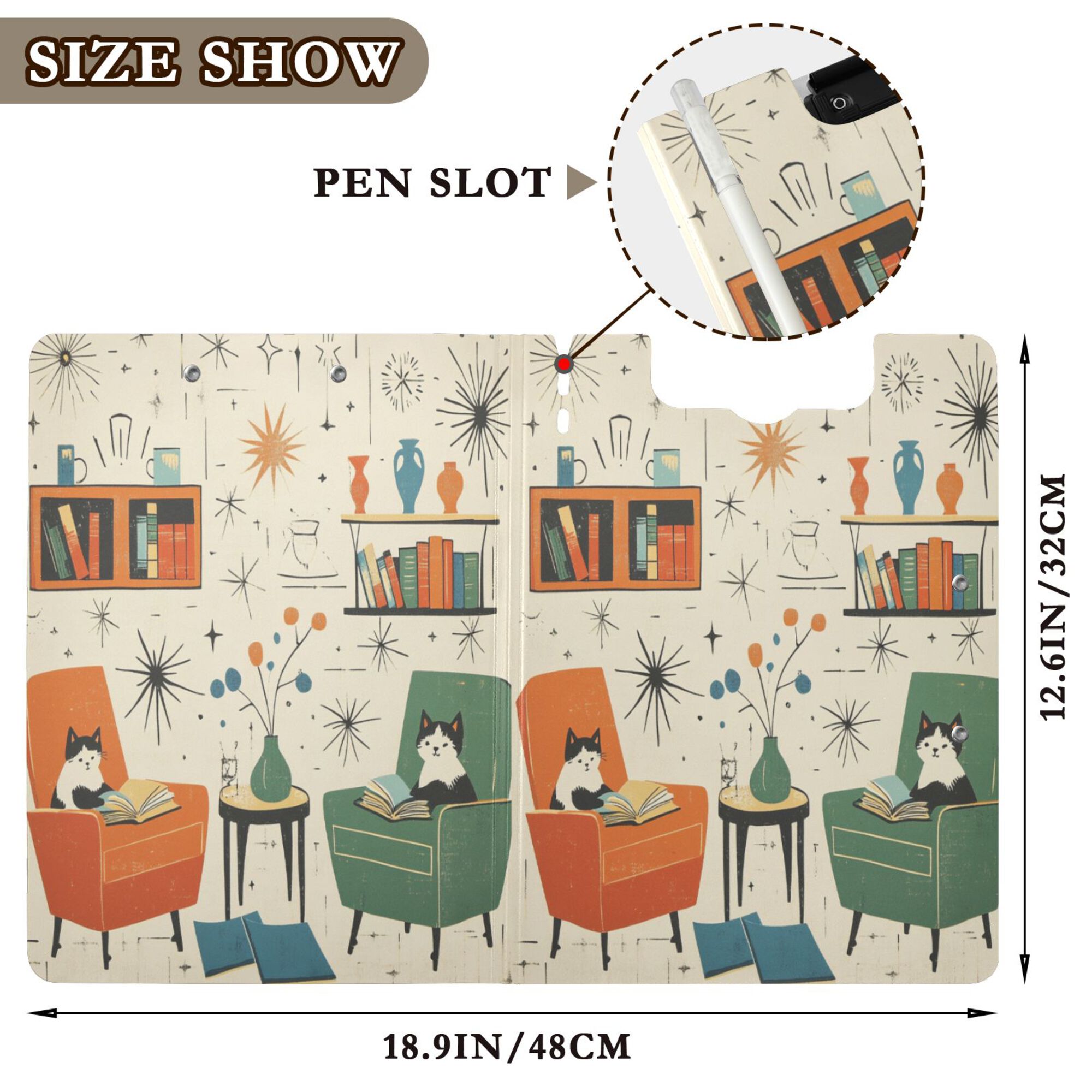 FORMRS A4 Clipboard Folder with Pen Holder Horizontal Foldable School Office Binder, Beige Cats Reading