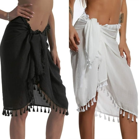 Zando 2 Pieces Woman Semi-Sheer Beach Cover up Bikini Cover ups for Woman Sarong Skirts for Woman with Tassels Black and White