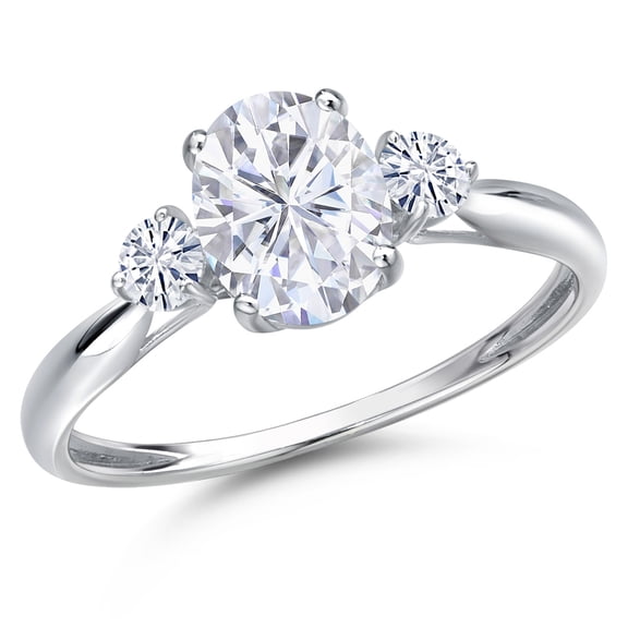 Gem Stone King 10K White Gold White Moissanite 3-Stone Ring for Women | 1.70 Cttw | Oval 8X6MM | Gemstone Birthstone | Size 7