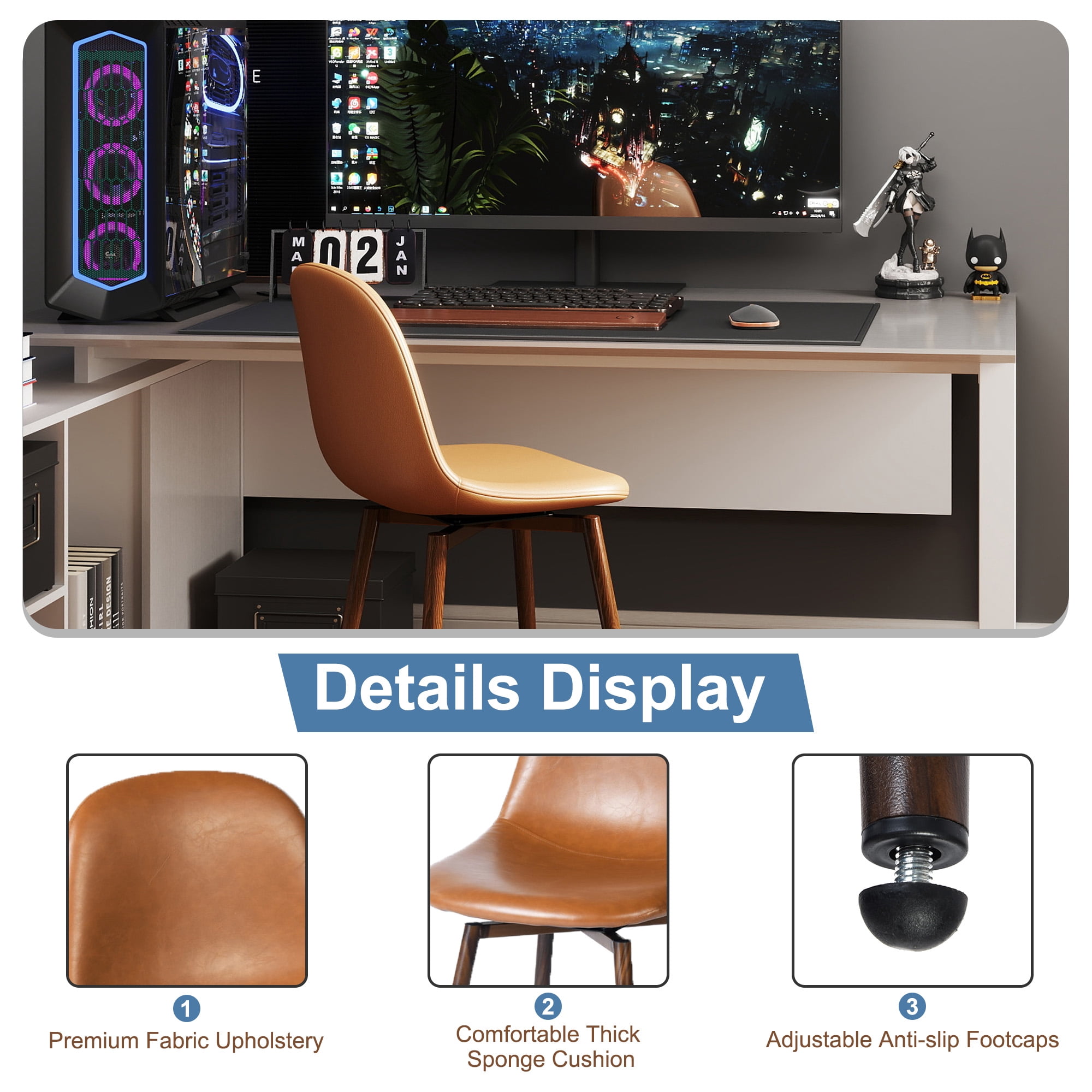Homy Casa 26" Swivel Counter Height Bar Stools, Set of 2, Cognac Faux Leather, Wood-Look Metal Legs
