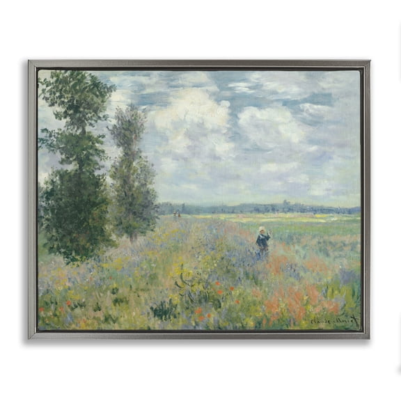 Stupell Industries French Country Lone Person Floral Blossom Meadow Quaint Scene Gray Floating Frame Canvas Art, 31 x 25, by Lettered and Lined