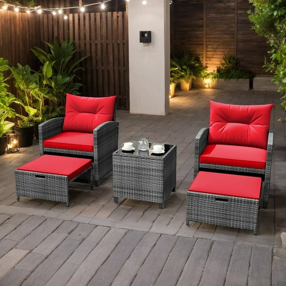 Resenkos Patio Furniture Sets,Outdoor & Patio Furniture Sets,5 Piece Patio Rattan Furniture with 2 Ottomans and Tempered Glass Coffee Table-Red