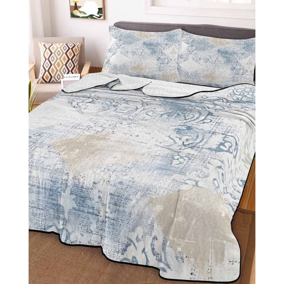 Blue Beige Floral Queen Size Down Alternative Comforter, Lightweight Comforter Quilt Bedding Set with Pillow Shams Vintage Smear Abstract Art All Seasons Bed Comforter Duvet Insert 90"x96"