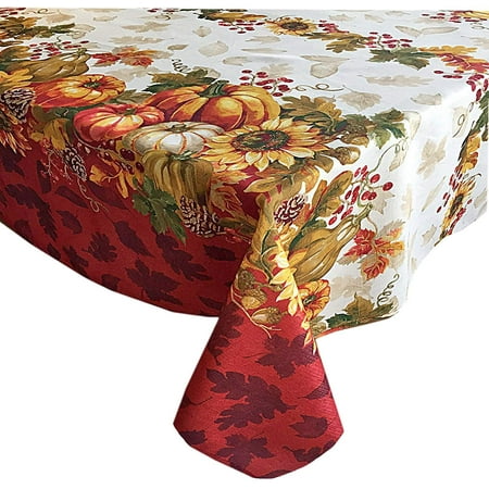 

Newbridge Autumns Bounty Bordered Thanksgiving Fall Fabric Tablecloth Bountiful Farm Pumpkin Harvest Multi-color Easy Care Tablecloth 60” x 144” Oblong/Rectangle