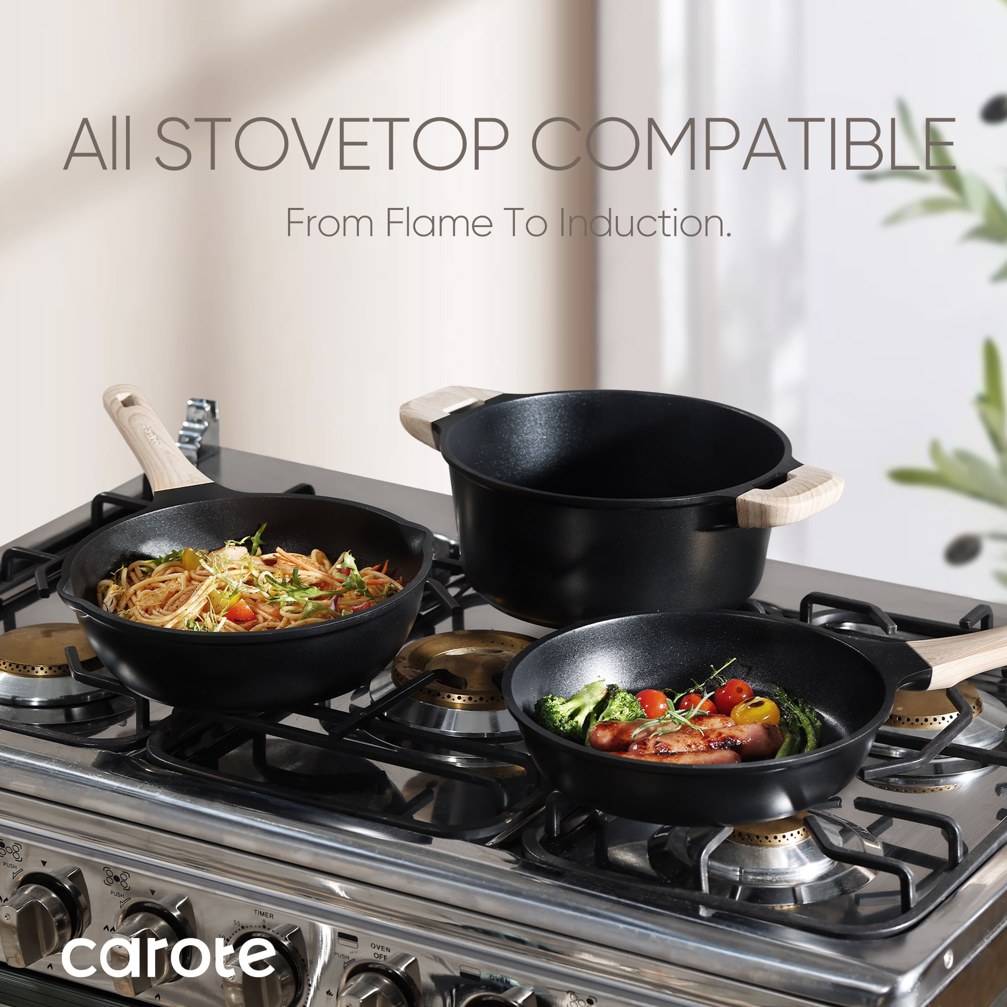 Carote Nonstick Cookware Sets, 7 Pcs Non Stick Pots and Pans Set, Induction Cookware, Black (图4) Carote Nonstick Cookware Sets, 7 Pcs Non Stick Pots and Pans Set, Induction Cookware, Black (图4)