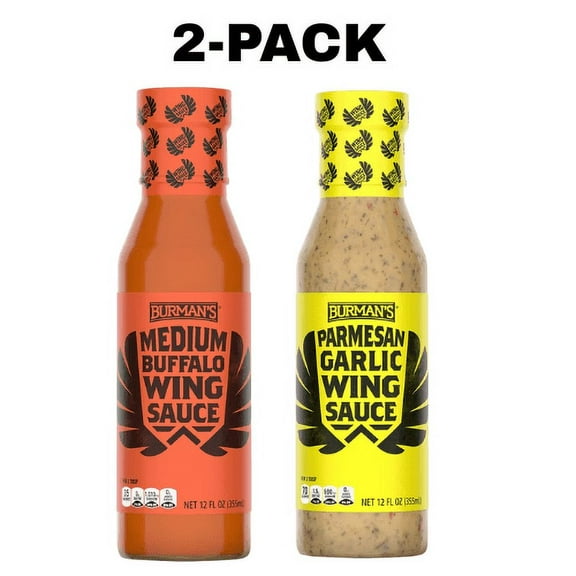 Burman's Medium Wing Sauce and Parmesan Wing Sauce 12 oz ,Pack 2 Variety