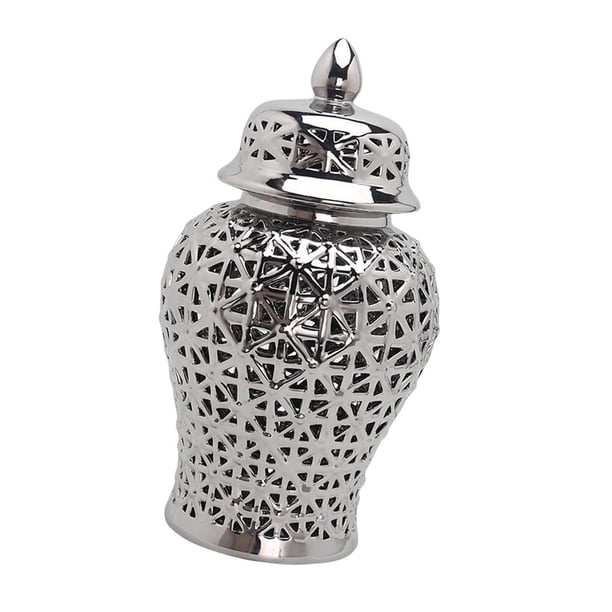 Billuyoard Tarro de jengibre hueco de porcelana con tapa Organizador de tarros de templo Decoración del hogar Plata 19cmx36cm S