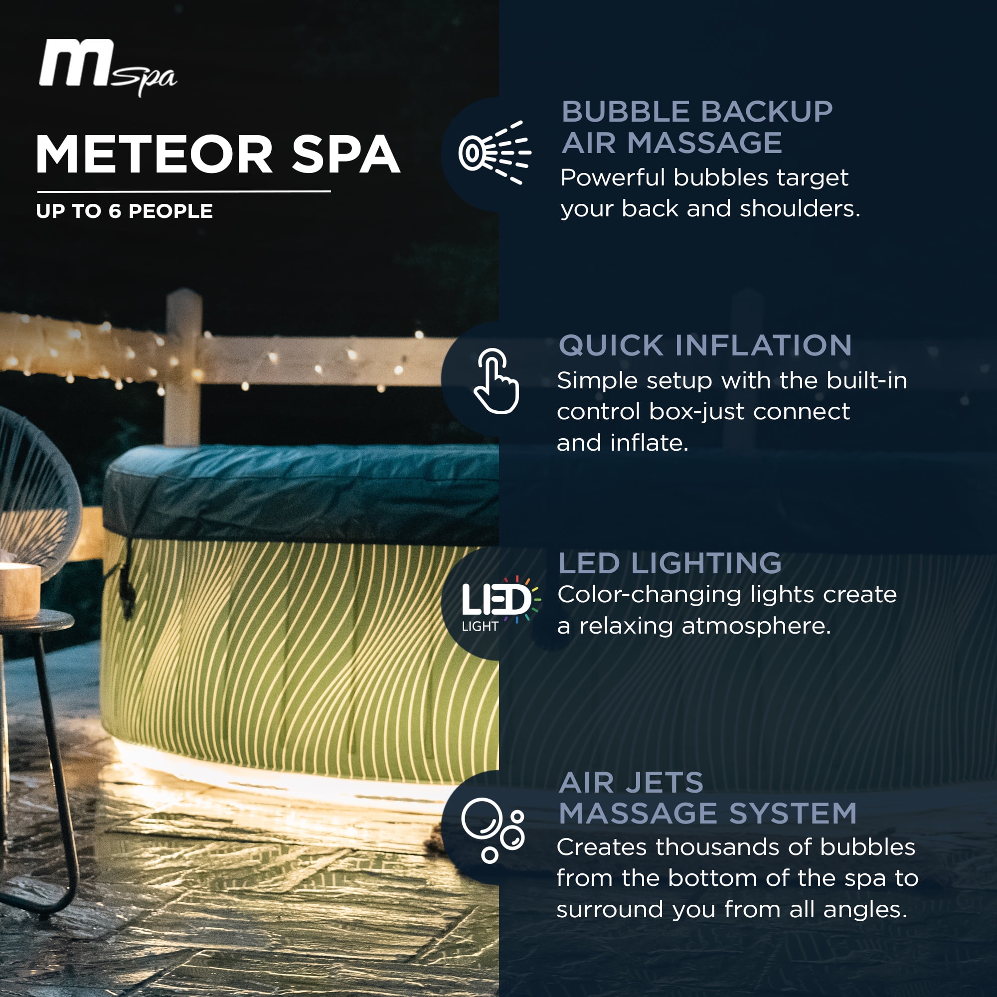 MSpa Round Inflatable Bubble Spa, 4-6 Person Hot Tub w/LED Lights, Meteor