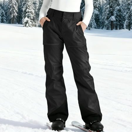 Moxiu Colorblock Waterproof Ski Snow Pants Women Insulated Fleece Lined Softshell Snowboard Hiking Pants with Pockets Black L