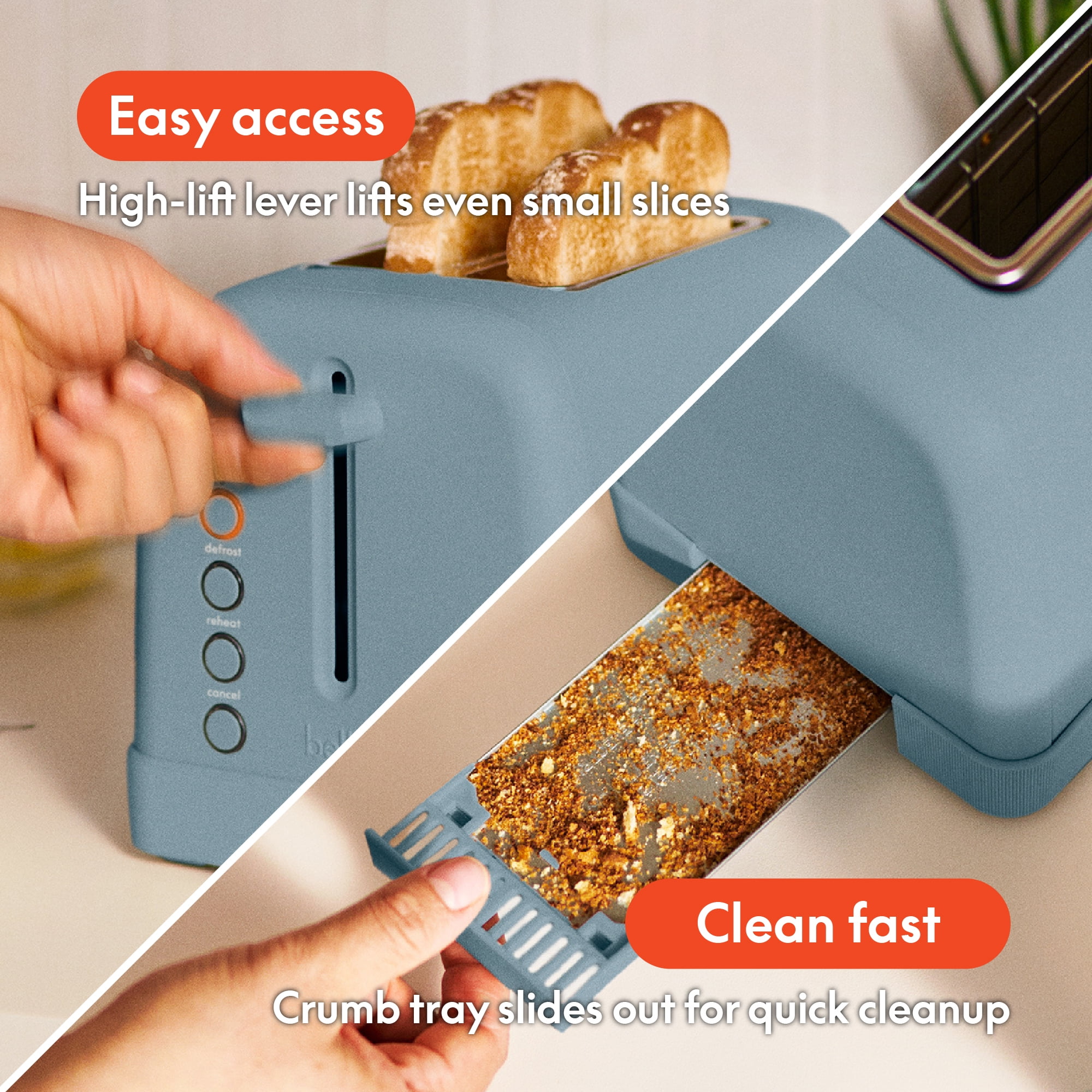 bella 2-Slice Toaster, 6 Setting Shade Control with Reheat, Cancel, Bagel & Defrost Buttons, Removable Crumb Tray, Anti Jam & Auto Shutoff, Surf