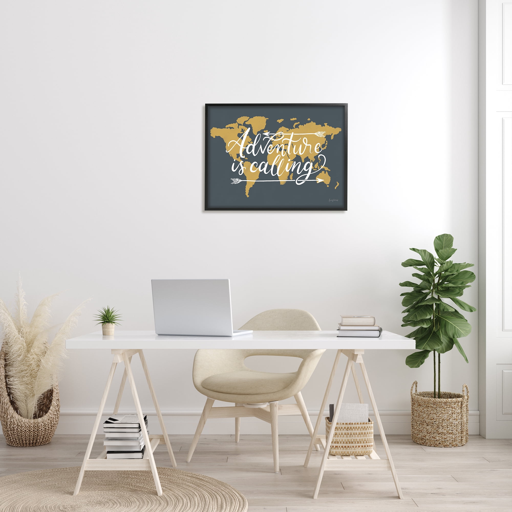 Stupell Industries Adventure is Calling Phrase Arrows over World Map Inspirational Painting Black Framed Art Print Wall Art, 24 x 30