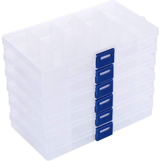 Caja organizadora de plástico transparente de 6 piezas con compartimentos ajustables para guardar pendientes, collares y pastillas.