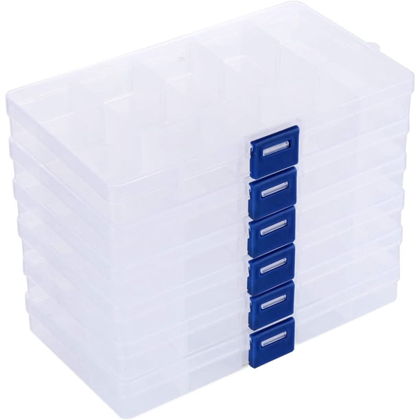 Caja organizadora de plástico transparente de 6 piezas con compartimentos ajustables para guardar pendientes, collares y pastillas.
