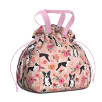 Boston Terrier Dog and Flower Florals Drawstring Lunch Bag Women - Drawstring Lunch Bag Insulated for Work Office - Stain-Resistant Large Lunchbags for Women with Multi-Pockets