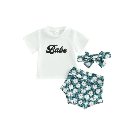 

Infant Baby Girls Summer Clothes Letter Short Sleeve T-shirt + Daisy Short Pants + Headband 3Pcs Outfit Set