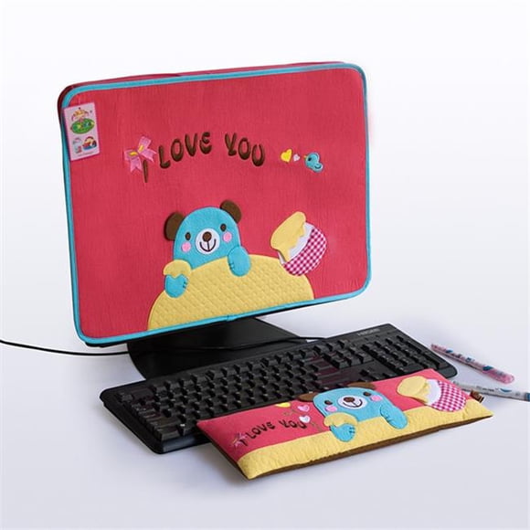 BE-14-RED 17 in. Embroidered Applique Fabric Art Monitor Screen Cover & Wrist Rest Pad Blue Bear-Red