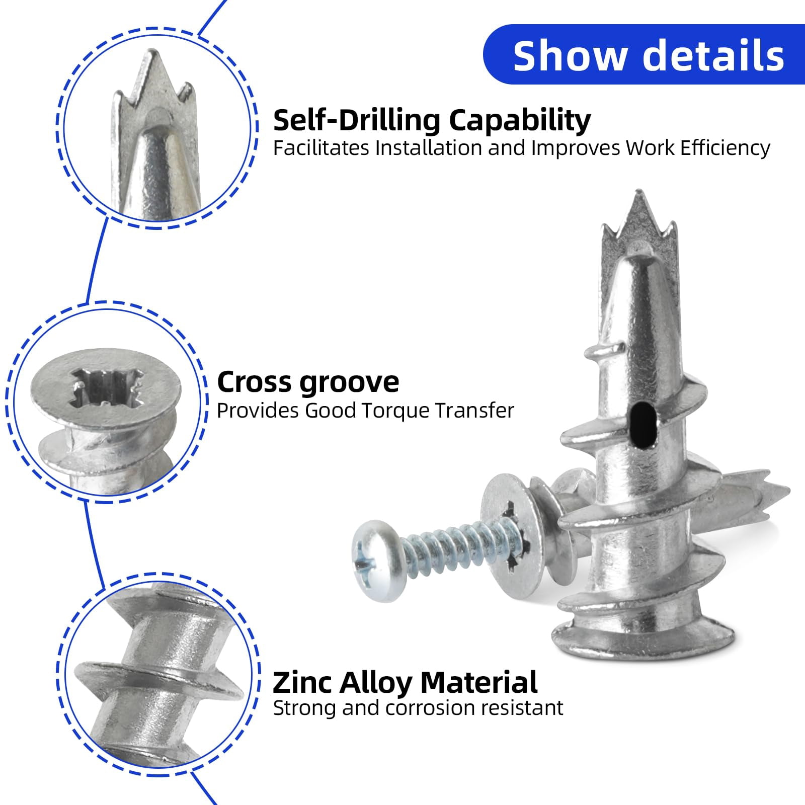 #8 x 1-1/2" Nylon Self-Drilling Drywall Anchors with Screws (100 Anchors+100 Screws), No Pre Drill Hole Required, Hold Up to 75 Lbs