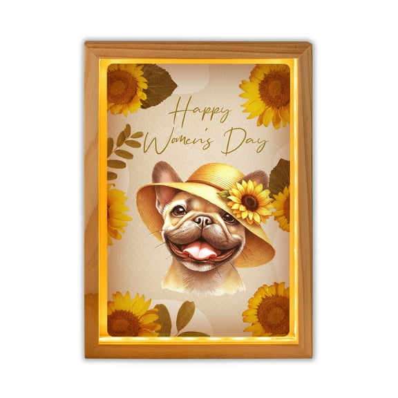 Happy Women's Day French Bulldog Sunflower Vintage Proud Mom Acrylic Plaque with Wood Photo Frame Box Dog Lover Gifts Light Box - 02030