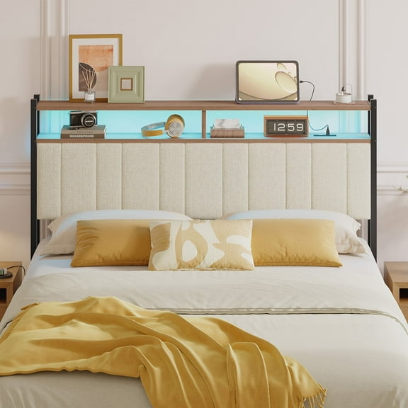 Pinmoco Headboard for Queen Size Bed with Storage, Linen Upholstered Headboard with LED & USB Charging, Beige, Headboard Only(Bed Frame Not Included)