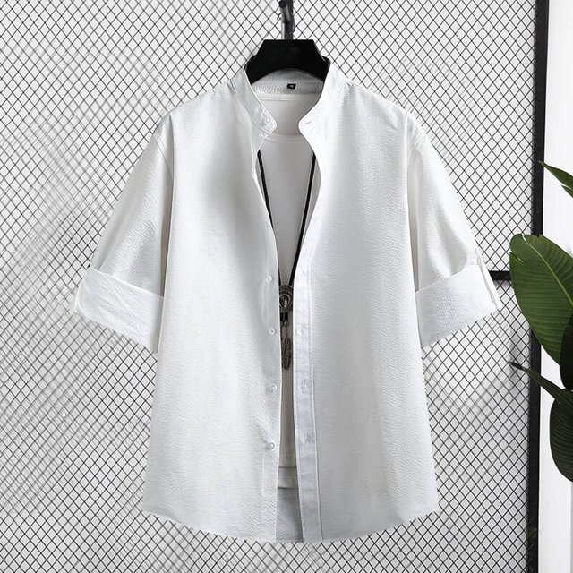 Blusa y camisa de manga corta con cuello alto para hombre, informal, de color liso, con botones y bolsillo, de poliéster.