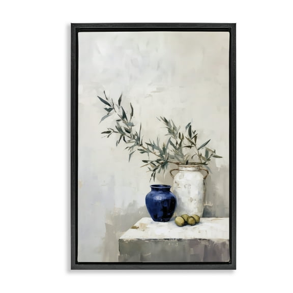 Stupell Industries Olives & Pottery Still Life Plants & Flowers Painting Black Floater Framed Canvas Art Print Wall Art, 17 x 25