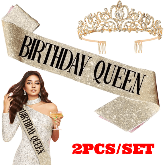 2pcs Birthday Queen Sash and Rhinestone Crown, Gold Happy Birthday Tiara for Women, Party Decoration Kit, Rhinestone Headband for Women, Crystal Hair Accessories