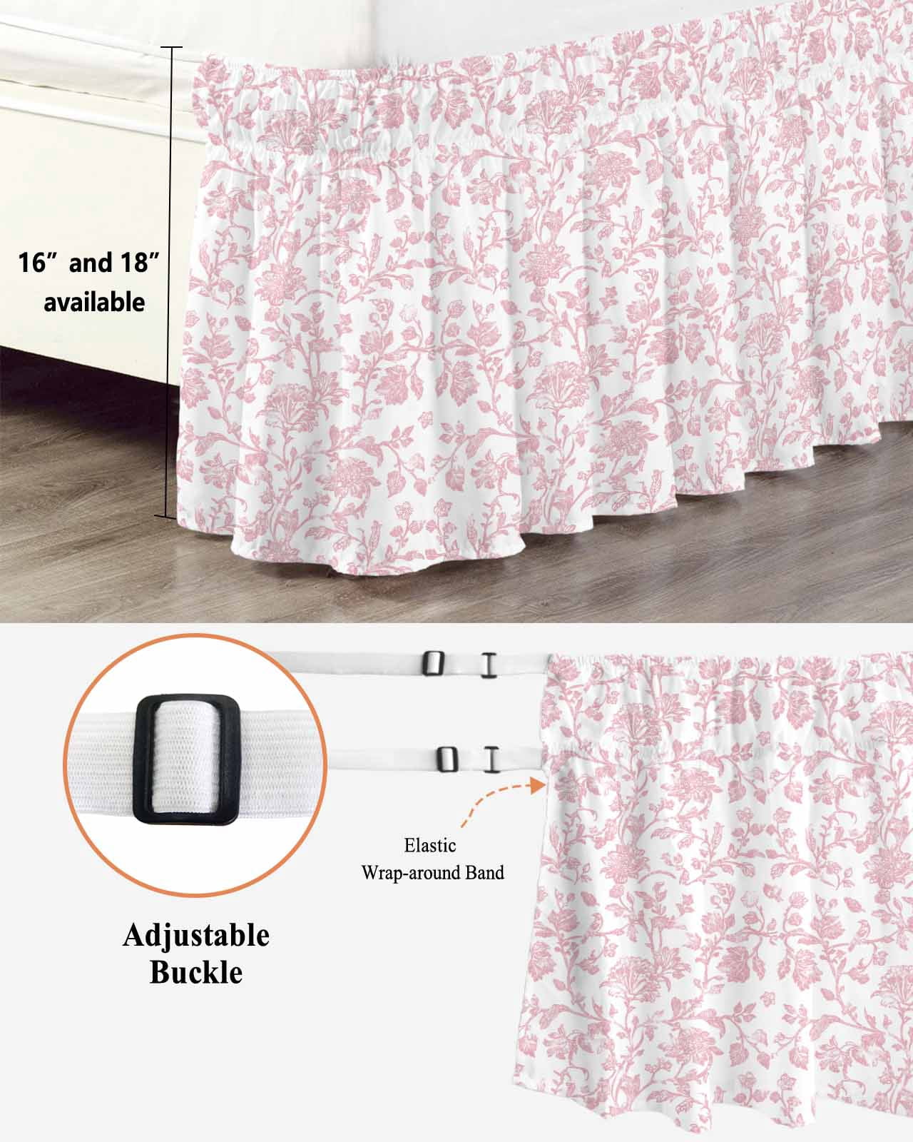 Light Pink Floral Paisley Bed Skirt Queen Size 16" Drop Boho Leaf Vintage Farmhouse Linen Ruffled Wrap Around Bed Skirts Adjustable Elastic Bedskirt Dust Ruffle for Queen Size Bed